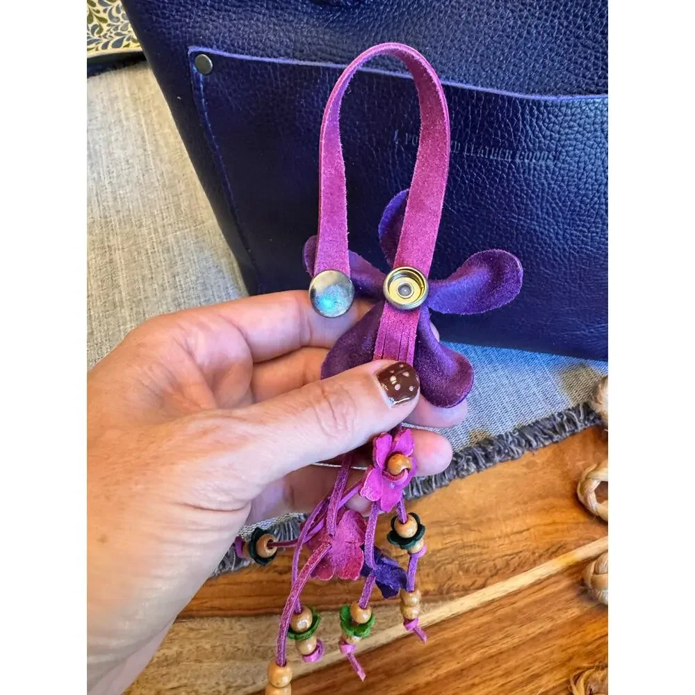 Purple Daisy Flower Leather Bag Charm Genuine Leather Purse Crossbody Keychain